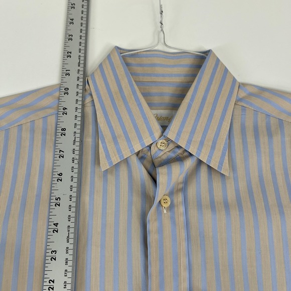 Brioni Shirt Mens 16 Blue Tan Stripe Dress Long Sleeve 100% Cotton Spread Collar - Picture 9 of 16